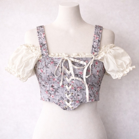 Tops - Unbranded Floral Corset Style Crop Top XS Gray and Cream Cottagecore Festival